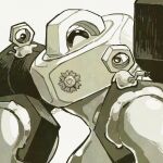  closed_eyes commentary_request evolutionary_line greyscale melmetal meltan monochrome no_humans nut_(hardware) odo_7ta on_shoulder one-eyed pokemon pokemon_(creature) pokemon_focus pokemon_on_shoulder pokemon_ribbon simple_background white_background 