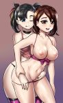  2girls ;d after_fingering arm_grab asymmetrical_bangs bangs black_choker black_hair black_nails blue_eyes blush bra breasts brown_eyes brown_hair choker commentary cupless_bra english_commentary gradient gradient_background hair_ribbon highres hug hug_from_behind large_breasts leonart lipstick makeup mary_(pokemon) multiple_girls nail_polish navel nipples no_hat no_headwear nude one_eye_closed open_mouth panties panty_pull pokemon pussy pussy_juice ribbon short_hair simple_background smile tank_top thighhighs tongue tongue_out underwear upper_teeth yuri yuuri_(pokemon) 