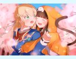  2girls :o ;d ^_^ absurdres animal_hood animal_on_head asakura_karen_(heaven_burns_red) black_hair blonde_hair blue_jacket blunt_bangs blush bow bowtie braid breasts cat cat_hood cat_on_head cat_tail cherry_blossoms closed_eyes commentary day flower green_eyes hair_ribbon half_up_braid hand_on_another's_shoulder happy heaven_burns_red highres hood hood_up hooded_jacket hug hug_from_behind jacket kamakamapoke letterboxed long_hair long_sleeves looking_back multiple_girls on_head one_eye_closed open_mouth outdoors pink_flower red_bow red_bowtie ribbon shirt sleeves_past_wrists smile spring_(season) tail tail_raised toujou_tsukasa twintails very_long_hair white_ribbon yuri 