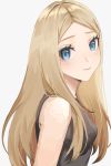  1girl ak1 bangs black_shirt blonde_hair blue_eyes breasts closed_mouth floating_hair from_side long_hair looking_at_viewer parted_bangs pokemon pokemon_(game) pokemon_xy serena_(pokemon) shiny shiny_hair shirt simple_background sleeveless sleeveless_shirt small_breasts smile solo upper_body very_long_hair white_background 