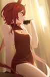  1girl absurdres animal_ears arm_support astra_chichi black_dress black_gloves commentary_request dress from_side gloves green_eyes hair_between_eyes hand_up highres horse_ears horse_girl long_hair low_twintails pelvic_curtain red_hair sleeveless sleeveless_dress smile solo thighs twintails umamusume win_variation_(umamusume) 
