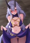  1girl bangs bare_shoulders bikini black_bikini blush breasts cleavage collarbone earrings fate/grand_order fate_(series) hoop_earrings horns jewelry large_breasts long_hair looking_at_viewer navel oni_horns open_mouth pubic_hair red_eyes sarong silver_hair swimsuit thighs tomoe_gozen_(fate/grand_order) tomoe_gozen_(swimsuit_saber)_(fate) urayama_(backmountain) 