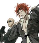  2boys bald black_gloves black_jacket blue_eyes clenched_hands collared_shirt earrings facial_hair final_fantasy final_fantasy_vii furrowed_brow gloves goatee goggles goggles_on_head highres jacket jewelry looking_at_viewer male_focus multiple_boys open_mouth red_hair reno_(ff7) rude_(ff7) shirt sketch smile soten_sq spiked_hair suit_jacket sunglasses upper_body white_background white_shirt 