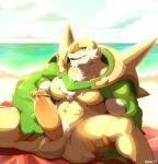  2020 abs anthro balls chesnaught detailed_background erection front_view genitals hi_res humanoid_genitalia humanoid_penis looking_at_viewer male muscular muscular_anthro muscular_male nintendo pecs penis pok&eacute;mon pok&eacute;mon_(species) smile solo video_games voviat 