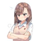  /\/\/\ 1girl =3 absurdres bangs blush breasts brown_eyes brown_hair closed_mouth collared_shirt commentary_request crossed_arms dress_shirt flower hair_ornament hand_on_own_arm highres misaka_mikoto ranf school_uniform shirt short_hair short_sleeves simple_background small_breasts solo sweater_vest to_aru_kagaku_no_railgun to_aru_majutsu_no_index tokiwadai_school_uniform upper_body white_background white_flower white_shirt 