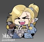  1girl animal_skull animal_skull_ornament armor blonde_hair chibi closed_eyes commentary english_commentary fangs holding holding_sword holding_weapon leman_russ lowres open_mouth over_shoulder ponytail power_armor primarch ryuusei_(mark_ii) scar scar_on_face skull smile solo space_wolves sword sword_over_shoulder warhammer_40k weapon weapon_over_shoulder 
