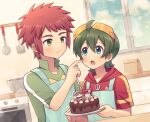 2boys ahoge appmon apron bag blue_eyes blush cake chocolate_cake cream cream_on_face digimon digimon_universe:_appli_monsters food food_on_face gatchmon goggles goggles_on_head goggles_on_headwear green_eyes green_hair green_jacket highres holding holding_plate hood hoodie jacket kitchen ladle long_sleeves looking_at_another lulu_hane magnifying_glass male_focus multiple_boys offmon open_mouth oven oversized_clothes ozora_yujin paper_bag plate red_hair red_hoodie shinkai_haru smile spatula stove window yaoi 