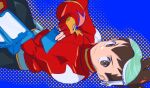  1boy blue_background brown_eyes brown_hair commentary cowboy_shot eyewear_on_head geo_stelar_(mega_man) green-tinted_eyewear henshin_pose jewelry lemon_inu male_focus mega_man_(series) mega_man_star_force_(series) pendant red_shirt shirt simple_background sketch solo tinted_eyewear 