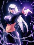  1girl artist_name black_pants black_shirt blindfold blunt_bangs commentary cosplay crop_top cropped_shirt cursed_energy_(jujutsu_kaisen) dark-skinned_female dark_skin energy_ball english_commentary fingernails gojou_satoru gojou_satoru_(cosplay) hand_on_own_hip jujutsu_kaisen kuroxcho leather leather_pants long_hair megan_thee_stallion midriff navel pants real_life shiny_clothes shirt solo very_long_hair white_hair 