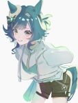  1girl 5sen5sen animal_ears breasts commentary_request ears_through_headwear green_eyes green_hair hat horse_ears horse_girl horse_tail jacket kiseki_(miracle_author)_(umamusume) kiseki_(umamusume) looking_at_viewer multicolored_hair official_alternate_costume short_hair shorts simple_background solo streaked_hair tail umamusume white_jacket white_streaks 
