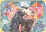  2boys arm_around_back black_flower black_hair black_jacket blindfold blush closed_eyes closed_mouth commentary_request facial_mark flower gojou_satoru grey_hair highres hug itadori_yuuji jacket jujutsu_kaisen jujutsu_tech_uniform kihara4321 male_focus multicolored_hair multiple_boys pink_hair red_scarf scarf smile stained_glass two-tone_hair upper_body yaoi 