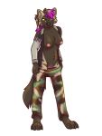  3:4 anthro breasts brown_body brown_eyes brown_fur brown_hair camo camo_bottomwear camo_clothing camo_pants camo_print clothed clothing cloudpie digital_drawing_(artwork) digital_media_(artwork) digitigrade ear_piercing exposed_brests eyelashes female full-length_portrait fur genitals hair hi_res highlights_(coloring) hyaenid industrial_piercing jacket looking_at_viewer mammal multicolored_hair nipples open_clothing open_jacket open_topwear pants_down pants_pull partially_clothed pattern_clothing piercing pink_nipples pink_pussy ponytail portrait purple_hair purple_highlights pussy shaded simple_background solo striped_body striped_fur striped_hyena stripes topwear two_tone_hair undressing white_background 