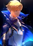  1boy absurdres armor armored_dress arthur_pendragon_(fate) blonde_hair blue_cape blue_dress breastplate cape dress eyebrows eyebrows_visible_through_hair fate/grand_order fate/prototype fate_(series) faulds gauntlets greaves green_eyes hair_between_eyes highres looking_to_the_side male_focus pauldrons short_hair shoulder_armor simple_background solo usagi_(jurijuri2311) 