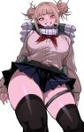  1girl black_thighhighs blonde_hair blunt_bangs boku_no_hero_academia breasts color_variation commentary_request double_bun from_below hair_bun harutoyumaarts highres large_breasts long_sleeves looking_at_viewer simple_background skindentation skirt solo thick_thighs thighhighs thighs toga_himiko twitter_username white_background yellow_eyes 