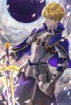  1boy armor armored_dress arthur_pendragon_(fate) blonde_hair blue_cape blue_dress breastplate cape dress excalibur excalibur_(fate/prototype) eyebrows eyebrows_visible_through_hair fate/grand_order fate/prototype fate_(series) faulds gauntlets greaves green_eyes hair_between_eyes highres holding holding_sword holding_weapon light_smile looking_at_viewer male_focus pauldrons petals sa_nomaru short_hair shoulder_armor smile solo sword weapon 