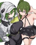  arknights arknights:_endfield arm_around_shoulder arm_behind_head bare_shoulders belt black_belt black_bodysuit black_choker black_dress black_gloves bodysuit breasts choker cleavage closed_mouth collarbone commentary covered_navel dress english_commentary fingerless_gloves fluorite_(arknights) gloves green_eyes green_hair green_tail hair_between_eyes hair_through_hood hand_on_own_hip highres hood hood_up hooded_shrug impossible_bodysuit impossible_clothes ishinabe_art large_breasts lizard_tail long_hair looking_at_another o-ring o-ring_choker parted_lips pleated_dress ponytail purple_eyes reptile_girl shrug_(clothing) side_ponytail simple_background single_glove smile snake_girl snake_tail sousou_no_frieren tail thigh_strap thighs ubel_(sousou_no_frieren) white_background white_shrug 