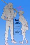  1boy 1girl alternate_universe arms_behind_back blue_background breasts butterfly_hair_ornament commentary_request dated full_body hair_ornament hand_on_own_hip holding holding_sword holding_weapon jacket kimetsu_no_yaiba kochou_shinobu leaning_forward light_smile loafers long_hair looking_at_another medium_breasts over_shoulder own_hands_clasped own_hands_together pants parted_bangs pleated_skirt ponytail school_uniform shinai shoes sidelocks skirt sneakers socks standing sweater sword sword_over_shoulder tomioka_giyuu track_jacket twitter_username updo wakakusa-e weapon weapon_over_shoulder whistle whistle_around_neck 