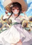  1girl absurdres adjusting_clothes adjusting_hat black_hair blush commentary day dress flower frilled_dress frills hat highres kono_subarashii_sekai_ni_shukufuku_wo! looking_at_viewer megumin outdoors red_eyes short_hair_with_long_locks sky solo straw_hat sundress sunflower yuno_(suke_yuno) 