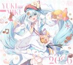  014_1108 1girl absurdres animal apron aqua_eyes aqua_hair blue_bow blue_dress blue_eyes blue_hair blue_sleeves blush bow bowtie bread brown_hat character-themed_food commentary detached_sleeves dress dress_bow fingernails food food-themed_clothes food-themed_hat_ornament frilled_apron frills fur-trimmed_dress fur-trimmed_sleeves fur_trim hair_between_eyes hair_ornament hat hat_ornament hatsune_miku highres holding holding_tongs long_hair long_sleeves looking_at_viewer necktie official_alternate_costume official_alternate_hairstyle open_mouth pink_necktie puffy_sleeves rabbit_yukine short_sleeves snowflake_print tongs twintails two-tone_sleeves very_long_hair vocaloid wavy_hair white_apron yuki_miku yuki_miku_(2026) 
