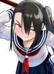  1girl alternate_costume black_hair blue_sailor_collar blue_skirt bokken brown_eyes commentary_request highres holding holding_sword holding_weapon kantai_collection leaning_forward long_hair long_sleeves nachi_(kancolle) neckerchief nekotarou_(nktr299) red_neckerchief sailor_collar sailor_shirt school_uniform serafuku shirt side_ponytail simple_background skirt solo sword weapon white_background white_shirt winter_uniform wooden_sword 