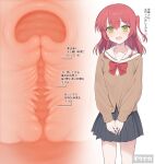  1girl :d absurdres black_skirt blush bocchi_the_rock! bow bowtie breasts brown_cardigan cardigan cervix commentary_request cross-section green_eyes highres kita_ikuyo long_sleeves looking_at_viewer medium_hair one_side_up open_mouth pipi20211026 red_bow red_bowtie red_hair sailor_collar school_uniform shuka_high_school_uniform skirt small_breasts smile standing tongue white_sailor_collar 