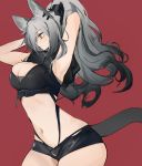  1girl animal_ears arknights armpits arms_up bare_shoulders black_shorts breasts brown_eyes cat_ears cat_tail cleavage commentary_request cowboy_shot crop_top large_breasts midriff mikojin navel partial_commentary profile red_background schwarz_(arknights) short_shorts shorts silver_hair sleeveless solo standing stomach tail 