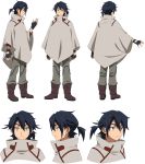  1boy black_eyes black_hair character_sheet cloak fingerless_gloves gloves gundam gundam_build_divers gundam_build_divers_re:rise highres kuga_hiroto looking_down multiple_views official_art tied_hair transparent_background 