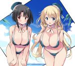  2girls arm_behind_back ascot atago_(kantai_collection) bikini black_hair blonde_hair blue_bikini blue_eyes blue_headwear blue_sky breasts cloud covered_nipples eyebrows eyebrows_visible_through_hair hand_on_own_face hand_on_own_thigh hat kantai_collection large_breasts multiple_girls odawara_hakone palm_tree pout red_eyes short_hair sky smile summer swimsuit takao_(kantai_collection) thighs tree 