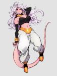  1girl android_21 bracelet breasts cleavage dragon_ball dragon_ball_fighterz earrings full_body grey_background hoop_earrings jewelry kemachiku long_hair majin_android_21 medium_breasts pink_hair pink_skirt red_eyes simple_background skirt solo tail white_hair 