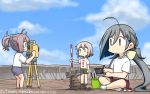  3girls ahoge alternate_costume aoba_(kantai_collection) blue_sky clothes_writing cloud day green_eyes green_shorts grey_eyes grey_hair hair_between_eyes hair_bun hamu_koutarou highres indian_style jar kantai_collection kiyoshimo_(kantai_collection) low_twintails multiple_girls outdoors paintbrush pole ponytail purple_shorts rock sculpture shimushu_(kantai_collection) shirt short_hair shorts silver_hair sitting sky t-shirt theodolite translated twintails white_shirt 