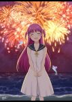  1girl :d ^_^ aerial_fireworks alt_text backlighting blue_butterfly blue_sailor_collar blush bug butterfly canon_event closed_eyes commentary_request crying dress facing_viewer feet_out_of_frame fireworks glowing_butterfly highres katou_umi kirsiri_tooru_(kishiri10oru) letterboxed light_particles long_hair night ocean open_mouth outdoors own_hands_together pink_hair ribbon sailor_collar sailor_dress signature sky sleeveless sleeveless_dress smile solo standing straight_hair summer_pockets two_side_up v_arms very_long_hair white_dress yellow_ribbon 