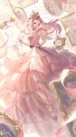  1girl ^_^ ahoge animal ankle_ribbon bag bare_shoulders bloom_poetry_(shining_nikki) bow bowtie breasts brown_eyes cat chinese_commentary cleavage cloak closed_eyes clothed_animal collarbone colorful_cake_tower_(shining_nikki) commentary_request crown cupcake dress ear_covers floating floating_hair food food-themed_hat forehead frilled_dress frills full_body glittering_date_(shining_nikki) gold_crown gown han_shi_reina handbag happy hat hat_bow heart heart-shaped_bag heart_anklet heart_print highres holding holding_bag hood hood_up hooded_cloak lace-trimmed_dress lace_trim leg_ribbon light_blush long_dress long_hair long_sidelocks mini_crown mirror momo_(nikki) nikki_(nikki) nikki_(series) nikki_up2u open_mouth ophelia_(shining_nikki) painting_(object) pink_bag pink_bow pink_dress pink_hair pink_ribbon pink_shoes print_dress purple_bow red_bow red_bowtie ribbon rosy_bloom_(shining_nikki) shining_nikki shoes sidelocks sleeveless sleeveless_dress smile sprinkles star_sea_(nikki) streamers teeth traditional_bowtie twinkle_twinkle_(shining_nikki) upper_teeth_only very_long_hair waist_bow white_background white_cat wrist_bow yellow_cloak 