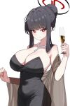  1girl absurdres alcohol bare_shoulders bead_necklace beads black_dress black_hair black_halo blue_archive blunt_bangs blush breasts bright_pupils brown_shawl champagne champagne_flute cleavage closed_mouth collarbone commentary_request cup diamond_hair_ornament dress drinking_glass hair_bun hair_intakes hair_ornament halo hand_up highres holding holding_cup jewelry korean_commentary large_breasts long_dress long_hair looking_at_viewer multicolored_halo necklace official_alternate_costume red_eyes ringed_eyes rio_(blue_archive) rio_(dress)_(blue_archive) see-through_clothes see-through_shawl shawl sidelocks simple_background sleeveless sleeveless_dress smile solo strapless strapless_dress tay_(cdjk7758) white_background white_pupils 