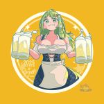  1girl alcohol apron beer beer_mug black_dress blush breasts cleavage collarbone commentary_request corset cup dirndl dress frog_hair_ornament german_clothes green_eyes green_hair grin hair_ornament hair_tubes highres keroyan kochiya_sanae large_breasts long_hair looking_at_viewer mug single_hair_tube smile snake_hair_ornament solo touhou twitter_username 