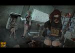  4girls ammunition black_hair black_thighhighs blonde_hair blood blue_gloves breasts brown_hair cb_(c-board) cellphone commentary_request daruma_doll death exploded_head exposed_pocket flip-flops gloves gun guro highres indoors large_breasts long_hair mac-10/11 mask mouth_mask multiple_girls one_side_up original phone red_eyes sandals short_shorts shorts shotgun shotgun_shell sitting smartphone submachine_gun suppressor surgical_mask thighhighs weapon 