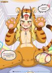 absurd_res blonde_hair bodily_fluids clothed clothing crib defensive demon diaper diaper_under_clothing diaper_use embarrassed english_text female genital_fluids hair hi_res horn humanoid kuma-dasai looking_at_viewer pajamas paws solo_focus text tiger_costume unclean_diaper urine used_diaper wearing_diaper wet_diaper zipper
