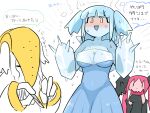  3girls blue_dress blue_hair blue_skin blush blush_stickers breast_expansion colored_skin commentary drago_(kasugai_(de-tteiu)) dress fewer_digits flying_sweatdrops full-face_blush holding holding_scalpel ice_(kasugai_(de-tteiu)) kasugai_(de-tteiu) makhia_(kasugai_(de-tteiu)) mask multiple_girls personification pink_skin pokemon red_hair regice regidrago regigigas scalpel sidelocks steaming_body translated twintails two_side_up white_hair yellow_eyes |_| 