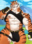2025 abs anthro black_clothing black_gloves black_handwear black_jockstrap black_shirt black_stripes black_tank_top black_topwear black_underwear bulge clothed clothing clothing_lift darknaigart detailed_bulge digital_drawing_(artwork) digital_media_(artwork) english_description epic_games eye_scar facial_scar fangs felid fingerless_gloves fortnite fur gloves handwear hi_res inner_ear_fluff jockstrap male mammal muscular muscular_anthro muscular_male navel nipples open_mouth orange_body orange_fur oscar_(fortnite) pantherine scar sharp_teeth shirt shirt_lift solo striped_body striped_fur stripes tank_top teeth thigh_belt tiger topwear tuft underwear whiskers yellow_eyes