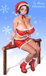  1girl arm_support bare_shoulders boots breasts cleavage commentary_request covered_nipples crop_top dress gloves gradient_background green_eyes hat high_heel_boots high_heels highres huge_breasts log looking_to_the_side merry_christmas midriff mole mole_on_breast mole_on_shoulder mole_under_eye navel original red_boots red_gloves red_skirt red_tube_top santa_costume santa_dress santa_hat shoumaru_(gadget_box) sitting skirt snowflakes solo strapless tube_top 