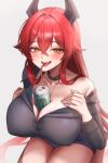  1girl absurdres belt_collar between_breasts black_collar black_horns black_shirt blue_shorts blush breasts can_between_breasts cleavage collar collarbone collared_shirt commentary covered_nipples cowboy_shot crossed_bangs drinking_straw energy_drink fang fingernails goddess_of_victory:_nikke grey_background hair_between_eyes hair_intakes hands_up highres horns large_breasts long_hair long_sleeves looking_at_viewer maviss_03 mechanical_horns monster_energy open_mouth paid_reward_available red_hair red_hood_(nikke) shirt short_shorts shorts sidelocks simple_background single_bare_shoulder single_off_shoulder sitting smile solo sweatdrop teeth tongue tongue_out upper_teeth_only very_long_hair yellow_eyes 