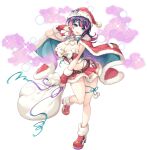  1girl andromeda_(legend_clover) artist_request bare_legs belt blue_eyes bow breasts brown_bow cleavage four-pointed_star full_body game_cg hat high_heels highres holding holding_sack legend_clover navel official_alternate_costume official_art pink_hair purple_hair sack santa_hat solo third-party_source tongue tongue_out transparent_background 