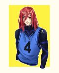  1boy androgynous blue_lock chigiri_hyoma closed_mouth commentary cropped_torso hair_between_eyes highres long_hair long_sleeves looking_to_the_side male_focus max_art149 red_eyes red_hair soccer_uniform solo sportswear yellow_background 