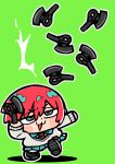  1girl :3 :d amate_yuzuriha axe bkub black_shoes blush_stickers chibi chibi_only dot_nose double-parted_bangs full_body green_background green_eyes green_skirt gundam gundam_gquuuuuux hair_between_eyes highres holding holding_axe long_sleeves necktie open_mouth outline pleated_skirt red_hair red_necktie shoes short_hair simple_background skirt smile solo standing sweater throwing white_outline white_sweater 