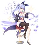  1girl ace_(playing_card) ace_of_clubs ace_of_diamonds ace_of_hearts ace_of_spades animal_ear_hairband animal_ears artist_request asymmetrical_legwear bare_shoulders breasts card cleavage club_(shape) detached_sleeves diamond_(shape) fake_animal_ears fishnets four-pointed_star full_body game_cg groin hairband heart high_heels highres holding holding_card jack_(playing_card) jack_of_spades jewelry king_(playing_card) king_of_spades legend_clover light_smile mole navel official_alternate_costume official_art playing_card poker_chip poker_table ponytail queen_(playing_card) queen_of_hearts_(playing_card) rabbit_ear_hairband rabbit_ears ring see-through_clothes see-through_sleeves single_bare_leg solo solomon_(legend_clover) spade_(shape) table third-party_source transparent_background yellow_eyes 