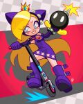 1girl blonde_hair blue_eyes bomb boots closed_mouth crown dress elbow_gloves explosive gloves hat highres holding holding_bomb long_hair looking_at_viewer louis_lloyd-judson mario_(series) motor_vehicle purple_boots purple_dress purple_gloves purple_hat scooter smile solo very_long_hair warupeach 