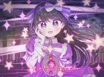  absurdres akemi_homura akemi_homura_(magical_girl) black_hair blush dress gloves hairband hand_on_own_cheek hand_on_own_face hand_on_own_wrist haruiroha highres ima_sugu_rinne_(vocaloid) magical_girl mahou_shoujo_madoka_magica mahou_shoujo_madoka_magica_(anime) open_mouth parody purple_dress purple_eyes purple_hairband purple_ribbon ribbon shield solo star_(symbol) striped_ribbon white_gloves white_ribbon 