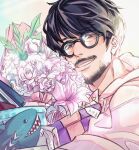  1boy anthonykaen beard black-framed_eyewear black_hair bouquet box chinese_commentary commentary_request facial_hair flower gift gift_box gift_tag glasses holding holding_bouquet holding_gift hood hood_down hoodie kojima_hideo leaf looking_at_viewer male_focus mustache nose purple_eyes purple_flower real_life round_eyewear short_hair solo stuffed_animal stuffed_shark stuffed_toy swept_bangs upper_body white_hoodie 