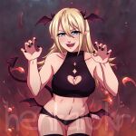  1girl :d bare_shoulders bat_wings black_panties blonde_hair blue_eyes breasts cat_ear_panties claw_pose clothing_cutout demon_girl demon_horns demon_tail demon_wings fangs hair_between_eyes halterneck head_wings heart_cutout henna_(hentaiukr) hentaiukr highres horns korzynka_persykiv long_hair looking_at_viewer nail_polish navel open_mouth panties smile solo tail thighhighs ukrainian_flag underwear white_background wings 