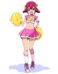  1girl armband bow bow_choker cheerleader choker clothes_writing commentary cone_hair_bun crop_top double_bun full_body hair_bow hair_bun hand_on_own_back hand_up hoshizora_miyuki looking_at_viewer midriff miniskirt navel open_mouth pink_armband pink_bow pink_choker pink_eyes pink_hair pink_shirt pink_shoes pink_skirt pleated_skirt pom_pom_(cheerleading) precure shirt shoes short_hair simple_background skirt smile smile_precure! sneakers socks solo standing uraki white_background white_socks wristband yellow_bow 