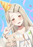  1girl absurdres blonde_hair blush camisole character_name checkered_background collarbone colored_eyelashes commentary_request confetti earrings gakuen_idolmaster hair_ornament hairclip hand_up happy_birthday hat highres idolmaster jewelry leaning_to_the_side long_hair long_sleeves looking_at_viewer miyuki_kotori open_clothes open_mouth open_robe orange_eyes orange_ribbon parallel_hairclips party_hat ribbon robe shinosawa_hiro smile solo streamers stud_earrings swept_bangs upper_body v white_camisole white_robe wide_sleeves wristband 